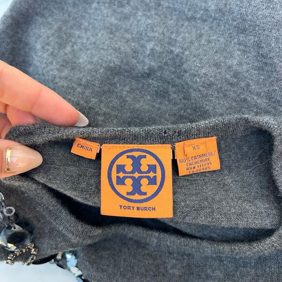 Tory Burch Cashmere Beaded Necklace Sweater Gray Grey Jewels XS Holiday Festive - Picture 3 of 9